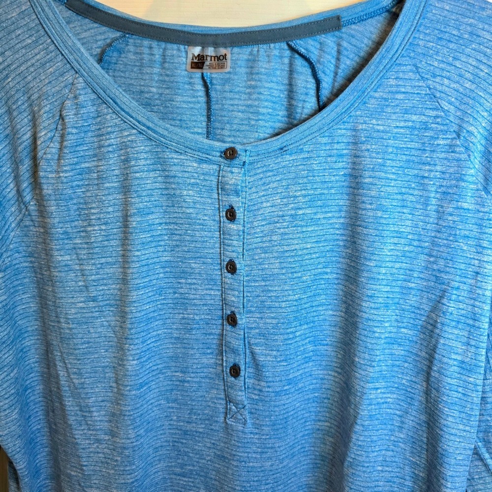 Marmot Jayne Henley Top Long Sleeve Womens Sz XL Teal Blue Pin Stripe UPF 30